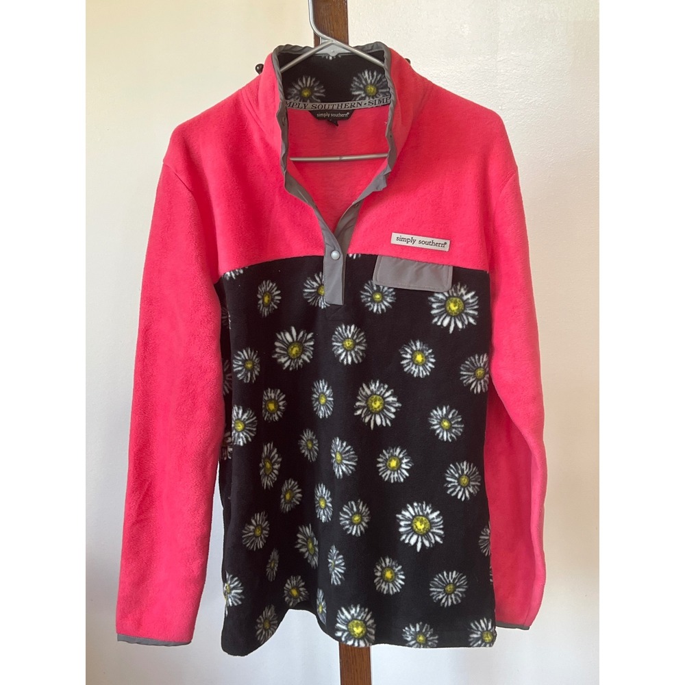 Simply Southern Womens Pink Black Daisy Floral Fleece Quarter Snap Pullover L